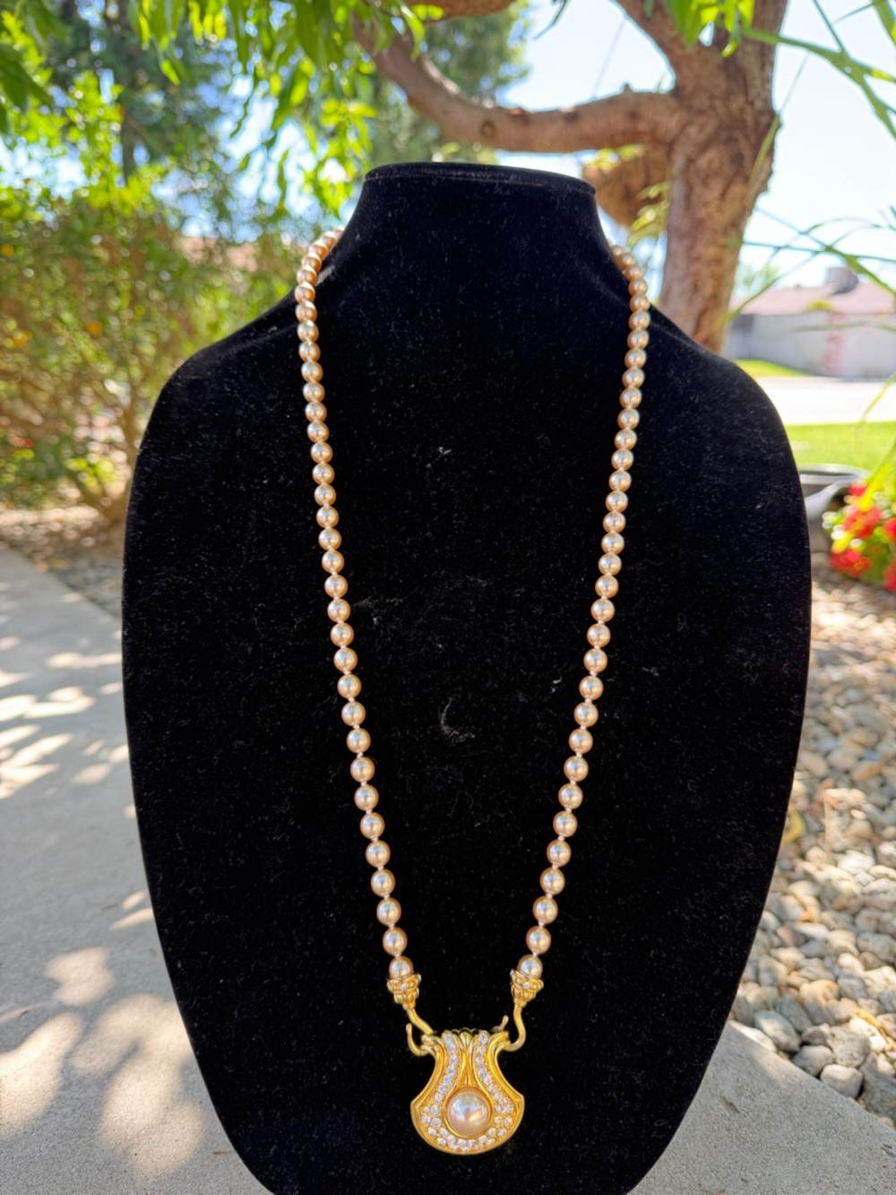 Vintage Nolan Miller Faux Pearl and Rhinestone Pendant Necklace